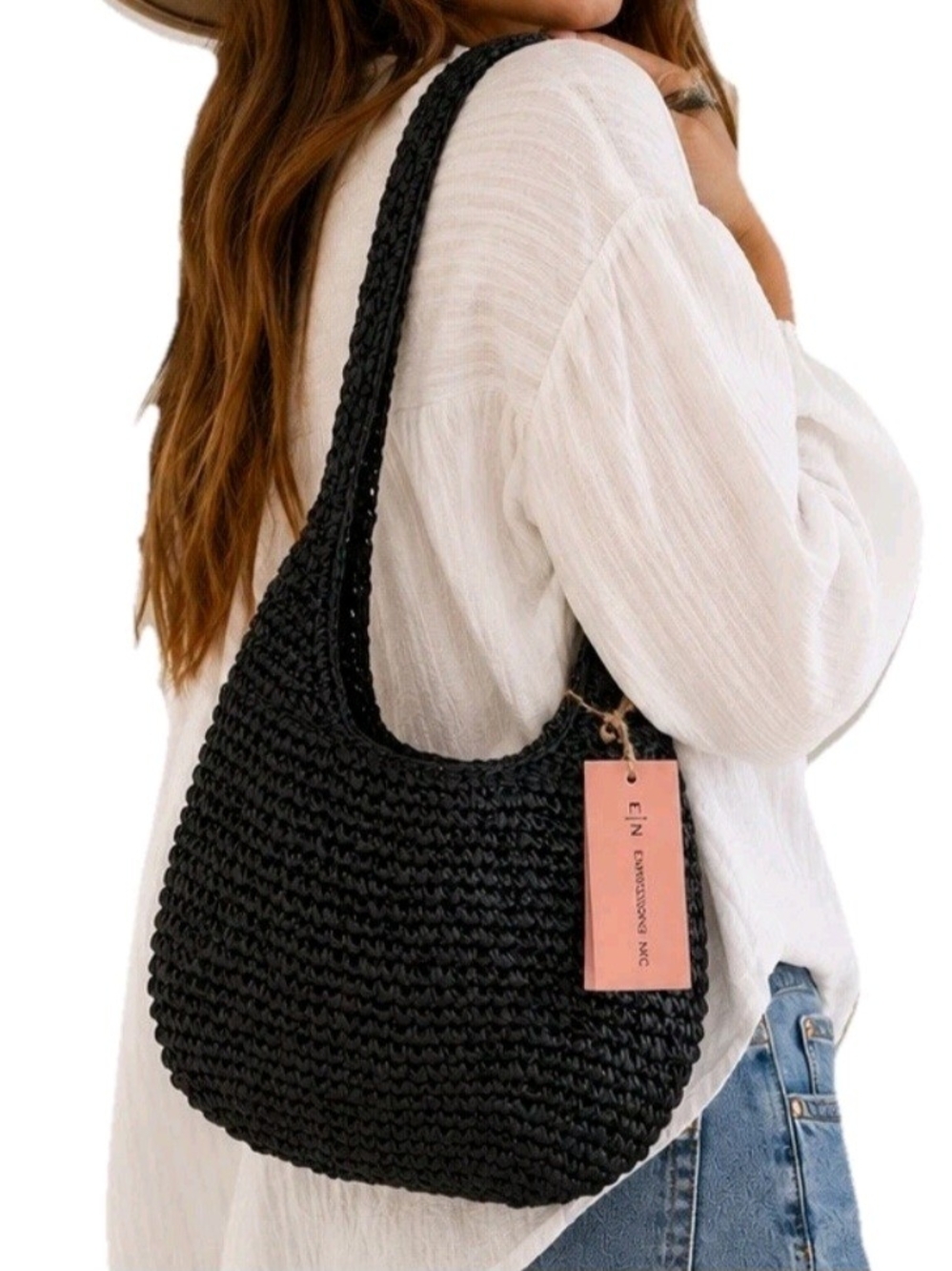 Black Woven Raffia Crecent Shoulder Bag - Vegan